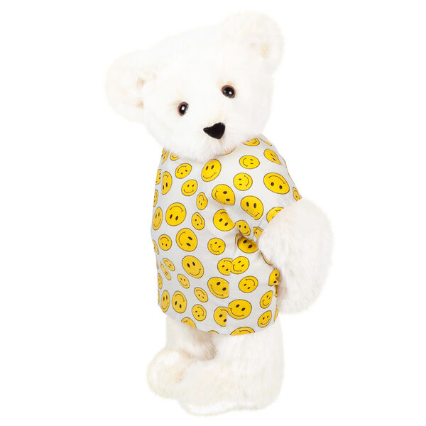 15" Get Well Bear - Three quarter view of standing jointed bear dressed in a white johnny with yellow happy faces - Vanilla white fur