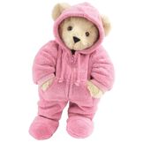 15" Hoodie Footie Bear - Front view of standing jointed bear dressed in pink hoodie footie personalized with "Emily" in white on left chest - Buttercream brown fur image number 2