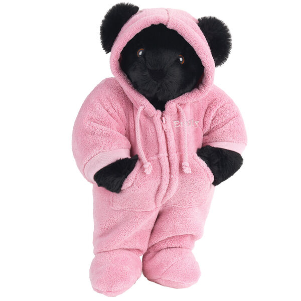 15" Hoodie Footie Bear - Front view of standing jointed bear dressed in pink hoodie footie personalized with "Emily" in white on left chest - Black fur