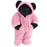 15" Hoodie Footie Bear - Front view of standing jointed bear dressed in pink hoodie footie personalized with "Emily" in white on left chest - Black fur image number 4