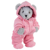 15" Hoodie Footie Bear - Front view of standing jointed bear dressed in pink hoodie footie personalized with "Emily" in white on left chest - Gray fur image number 5