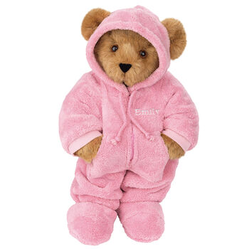 15" Hoodie Footie Bear - Front view of standing jointed bear dressed in pink hoodie footie personalized with "Emily"  in white on left chest - Honey brown fur