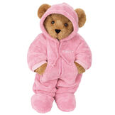 15" Hoodie Footie Bear - Front view of standing jointed bear dressed in pink hoodie footie personalized with "Emily"  in white on left chest - Honey brown fur image number 1