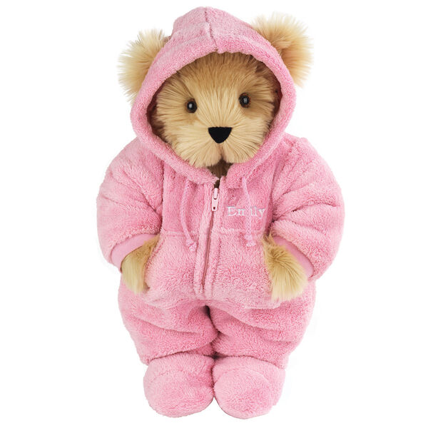 15" Hoodie Footie Bear - Front view of standing jointed bear dressed in pink hoodie footie personalized with "Emily" in white on left chest - Maple brown fur image number 7
