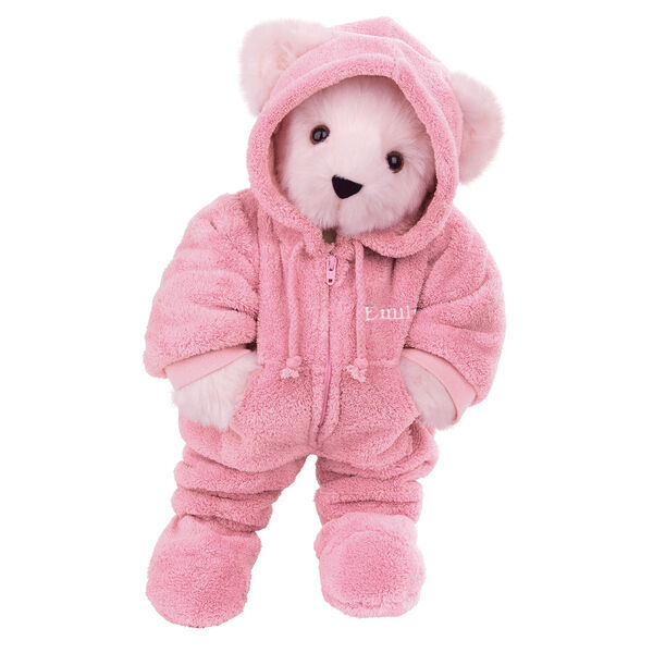 15" Hoodie Footie Bear - Front view of standing jointed bear dressed in pink hoodie footie personalized with "Emily" in white on left chest - Pink fur