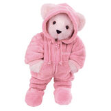 15" Hoodie Footie Bear - Front view of standing jointed bear dressed in pink hoodie footie personalized with "Emily" in white on left chest - Pink fur image number 6