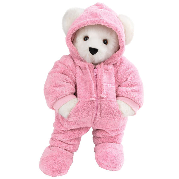 15" Hoodie Footie Bear - Front view of standing jointed bear dressed in pink hoodie footie personalized with "Emily" in white on left chest - Vanilla white fur image number 3