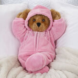 15" Hoodie Footie Bear - Jointed honey stuffed teddy bear dressed in pink hoodie footie in a relaxing setting image number 0