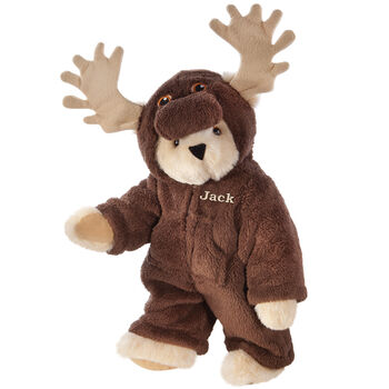15" Moose Bear - Front view of standing jointed bear dressed in a brown hoodie footie with tan antlers personalized with "Jack" on left chest in gold lettering - Buttercream brown fur