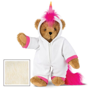 15" Unicorn Hoodie Bear - Front view of standing jointed bear dressed in a white fleece hoodie footie with rainbow horn, a hot pink cuffs and fur mane and tail - Buttercream brown fur