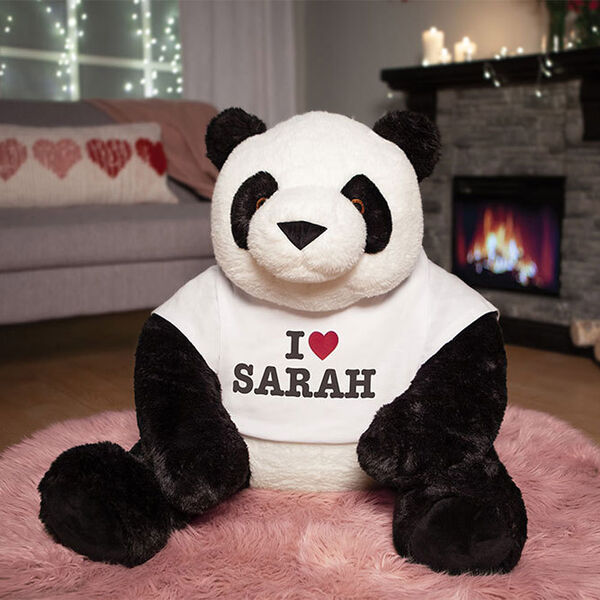 3 1/2' Gentle Giant I Heart You T-Shirt Panda - Front view of seated black and white panda with white t-shirt that says, "I Heart Sarah (your name here)" image number 1