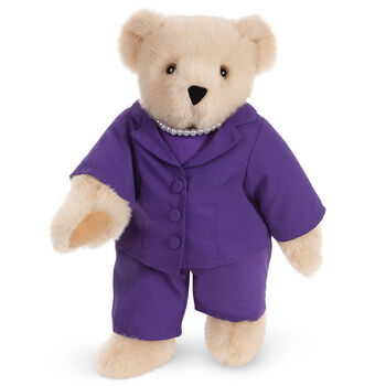 15" Business Professional Bear, Purple Suit - Standing jointed bear with purple suit coat and pants and pearl necklace - Buttercream
