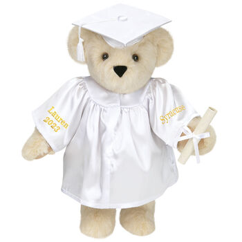 15" Graduation Bear in White Gown - Front view of standing jointed bear dressed in white satin graduation gown and cap and holding a rolled up diploma personalized "Jackson 2023" on right sleeve and "Syracuse" on left in gold - Buttercream