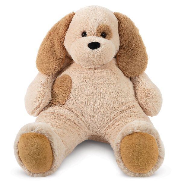4' Cuddle Puppy - Front view of seated tan plush puppy with brown ears, brown eye and belly patches