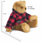 15" Vermont Flannel Bear, Buffalo Plaid - Side view of 15" seated bear with button down Vermont Flannel shirt and measurements of 15" tall or 11" seated image number 3