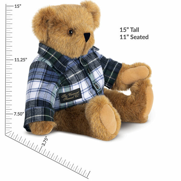 15" Vermont Flannel Bear, Campbell Plaid - Side view of 15" seated bear with button down Vermont Flannel shirt and measurements of 15" tall or 11" seated image number 3