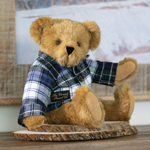 15" Vermont Flannel Bear, Campbell Plaid - Front view of 15" seated bear with button down Vermont Flannel shirt in a decorative setting image number 1