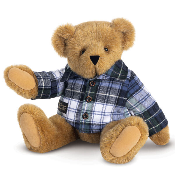 15" Vermont Flannel Bear, Campbell Plaid - Front view of 15" seated bear with button down Vermont Flannel shirt. image number 0