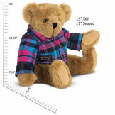 15" Vermont Flannel Bear, Tropic Plaid - Side view of 15" seated bear with button down Vermont Flannel shirt with measurements of 15" tall or 11" seated image number 2