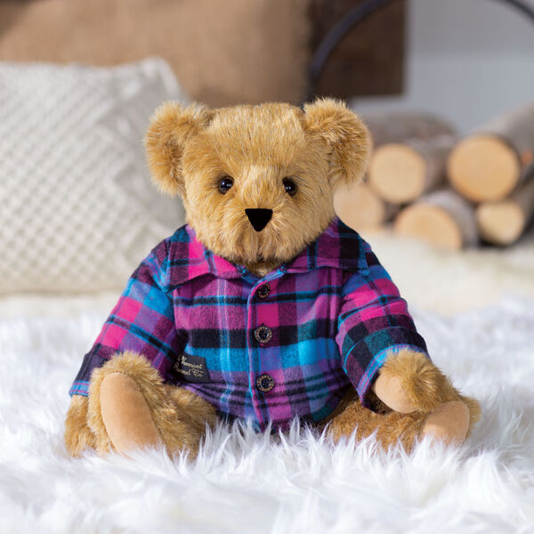 15" Vermont Flannel Bear, Tropic Plaid - Front view of 15" seated Vermont Flannel shirt bear decorator gift image number 1