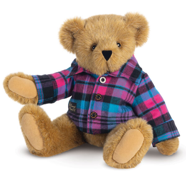 15" Vermont Flannel Bear, Tropic Plaid - Front view of 15" seated bear with button down Vermont Flannel shirt. image number 0