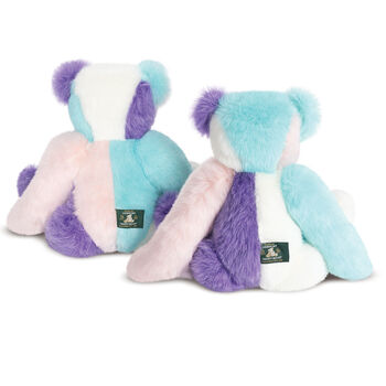 15" Cotton Candy Patchwork Bear  - back view of 2 patchwork bears made with white, purple, pink and blue furs